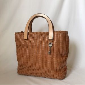 Vintage Fossil Straw Bucket Leather Shoulder Bag